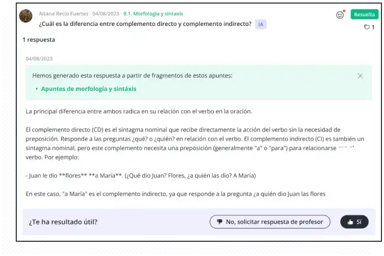 Interfaz de resolución de dudas